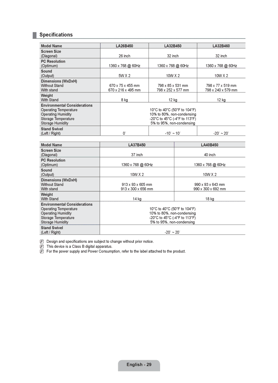 Samsung LA37B450, LA40B450, LA32B450, LA32B460, LA26B450 user manual Specifications 