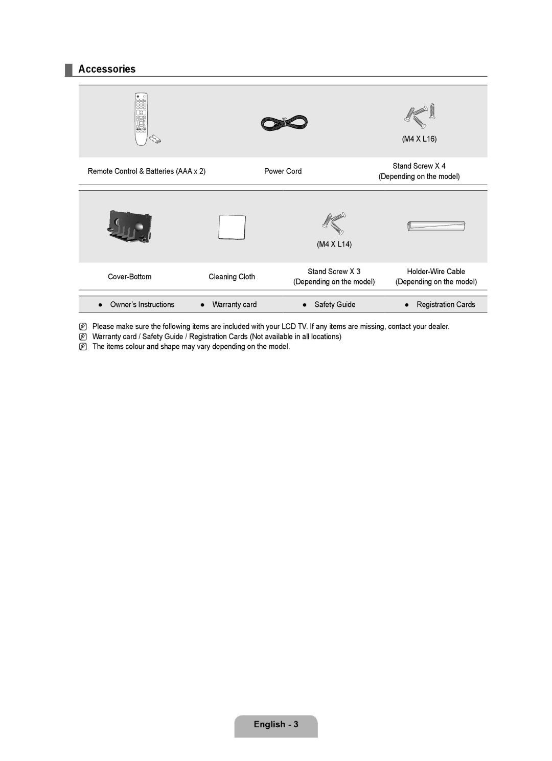 Samsung LA40B450, LA37B450 Accessories, English, Remote Control & Batteries AAA x Power Cord, Cover-Bottom Cleaning Cloth 