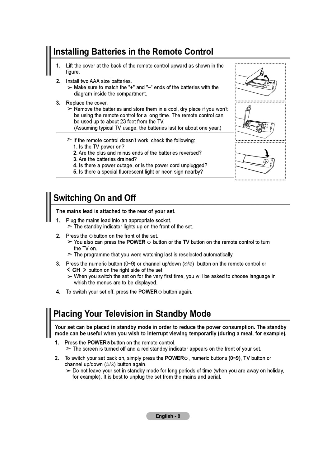 Samsung LA32R7 Installing Batteries in the Remote Control, Switching On and Off, Placing Your Television in Standby Mode 