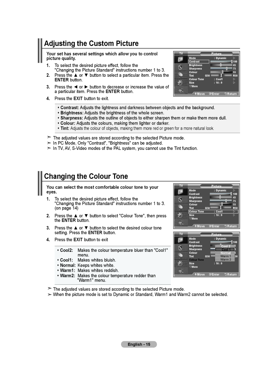 Samsung LA26R7, LA40R7, LA32R7 manual Adjusting the Custom Picture, Changing the Colour Tone 