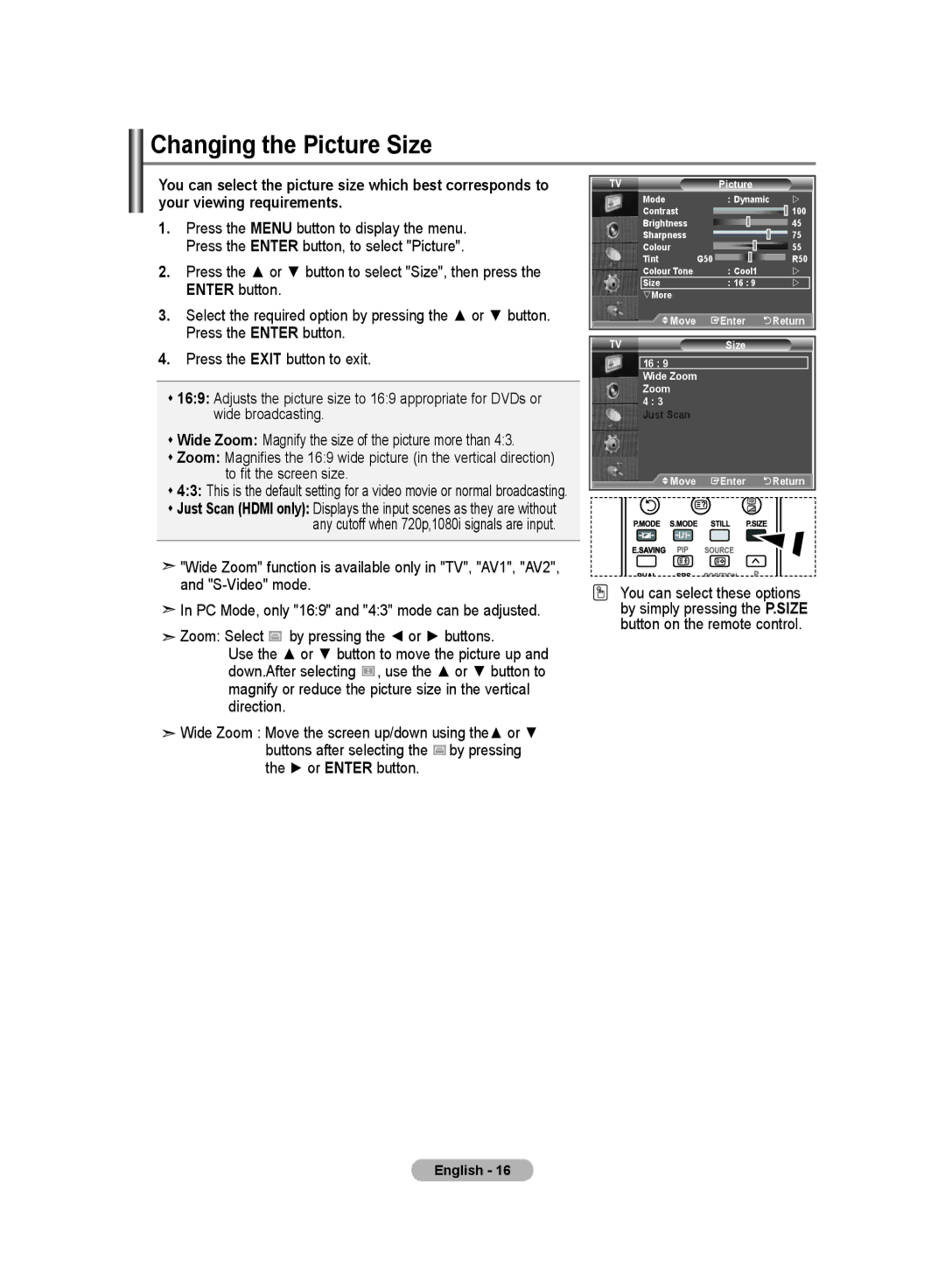 Samsung LA40R7, LA32R7, LA26R7 manual Changing the Picture Size 