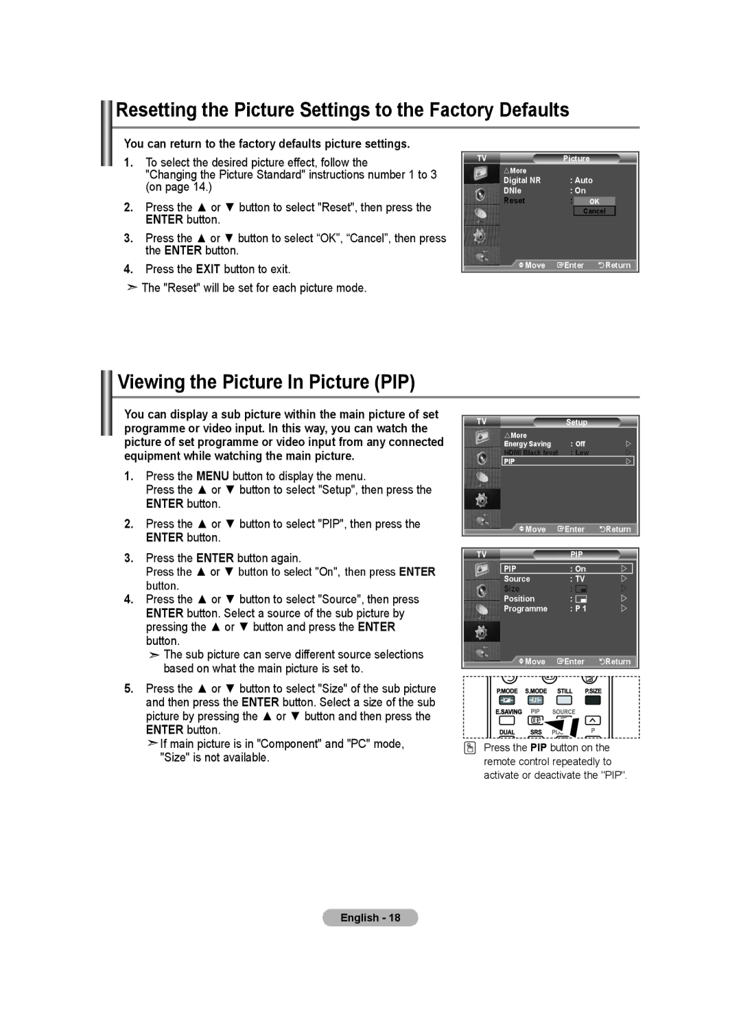 Samsung LA26R7, LA40R7, LA32R7 Resetting the Picture Settings to the Factory Defaults, Viewing the Picture In Picture PIP 