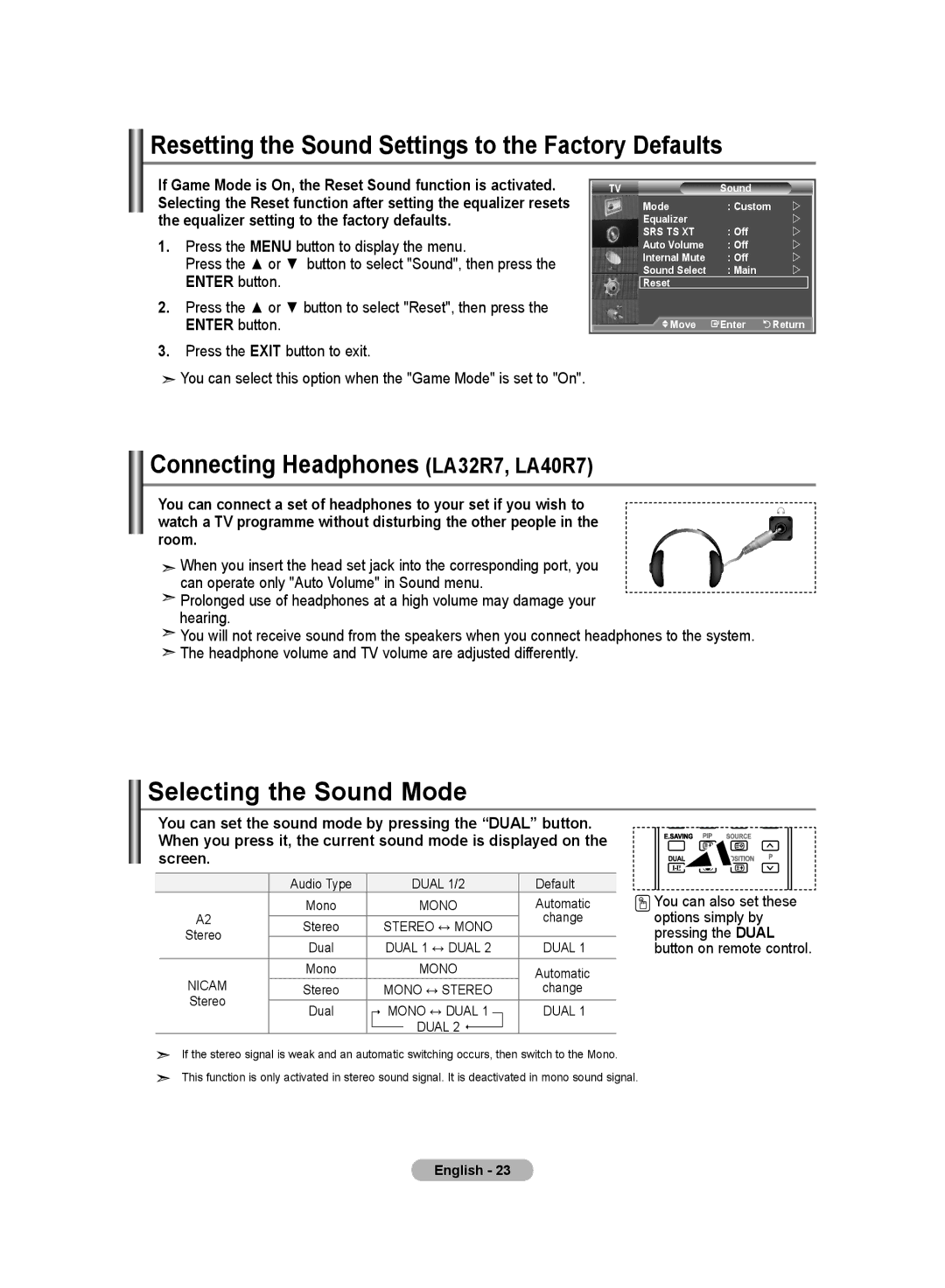 Samsung LA26R7 manual Resetting the Sound Settings to the Factory Defaults, Connecting Headphones LA32R7, LA40R7 