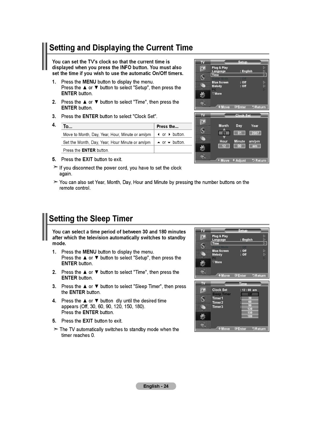 Samsung LA26R7, LA40R7, LA32R7 manual Setting and Displaying the Current Time, Setting the Sleep Timer 