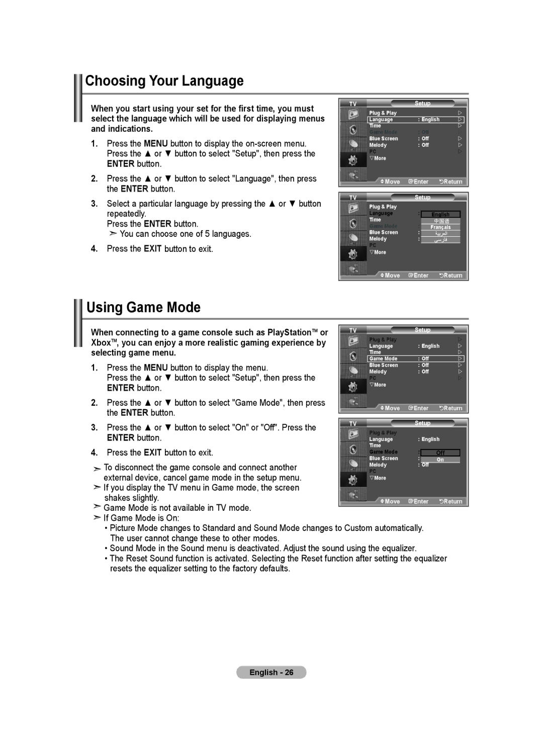 Samsung LA32R7, LA40R7, LA26R7 manual Choosing Your Language, Using Game Mode 