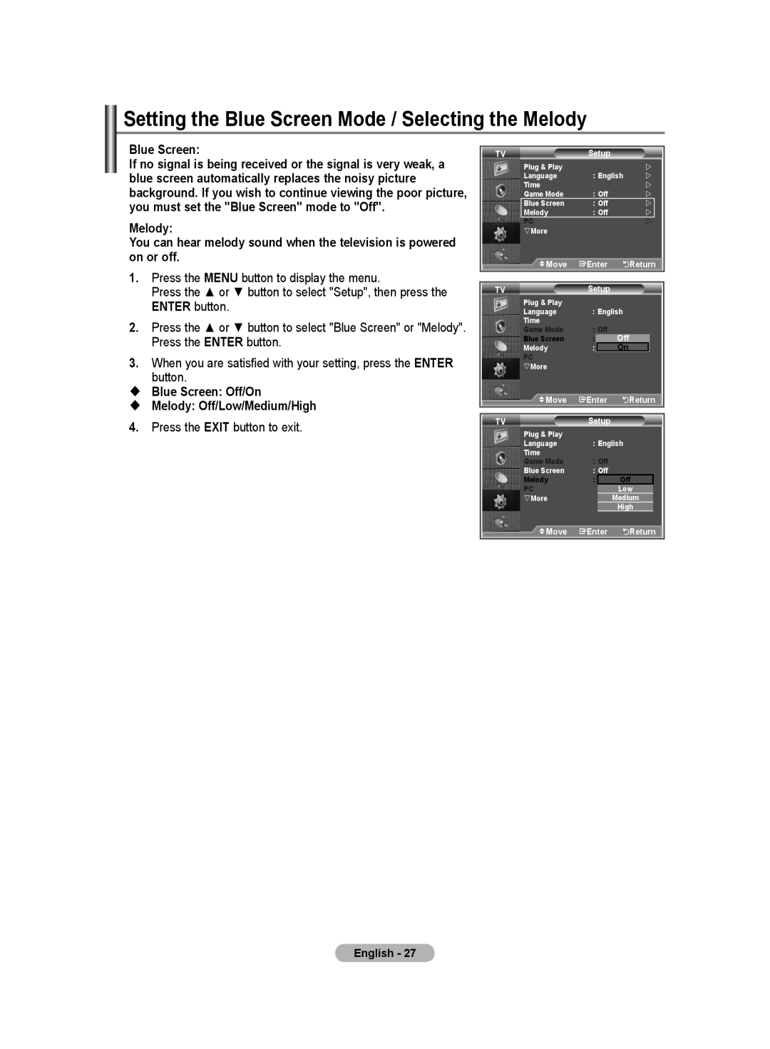 Samsung LA26R7 Setting the Blue Screen Mode / Selecting the Melody,  Blue Screen Off/On  Melody Off/Low/Medium/High 