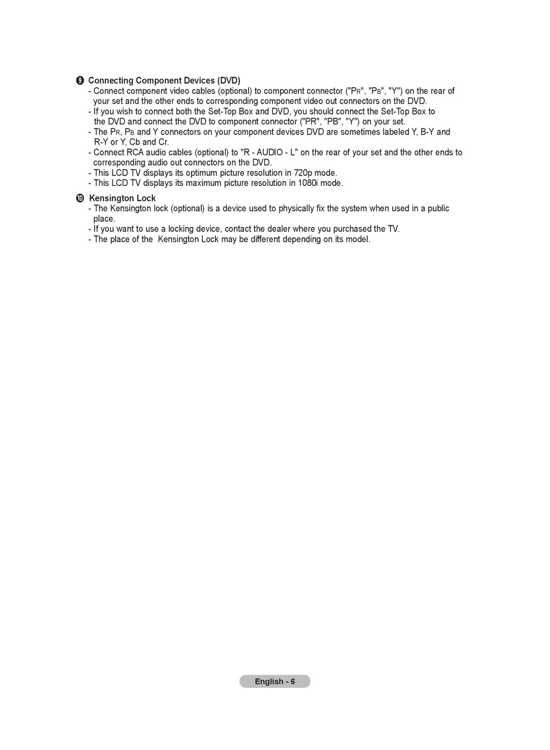 Samsung LA26R7, LA40R7, LA32R7 manual Connecting Component Devices DVD, Kensington Lock 