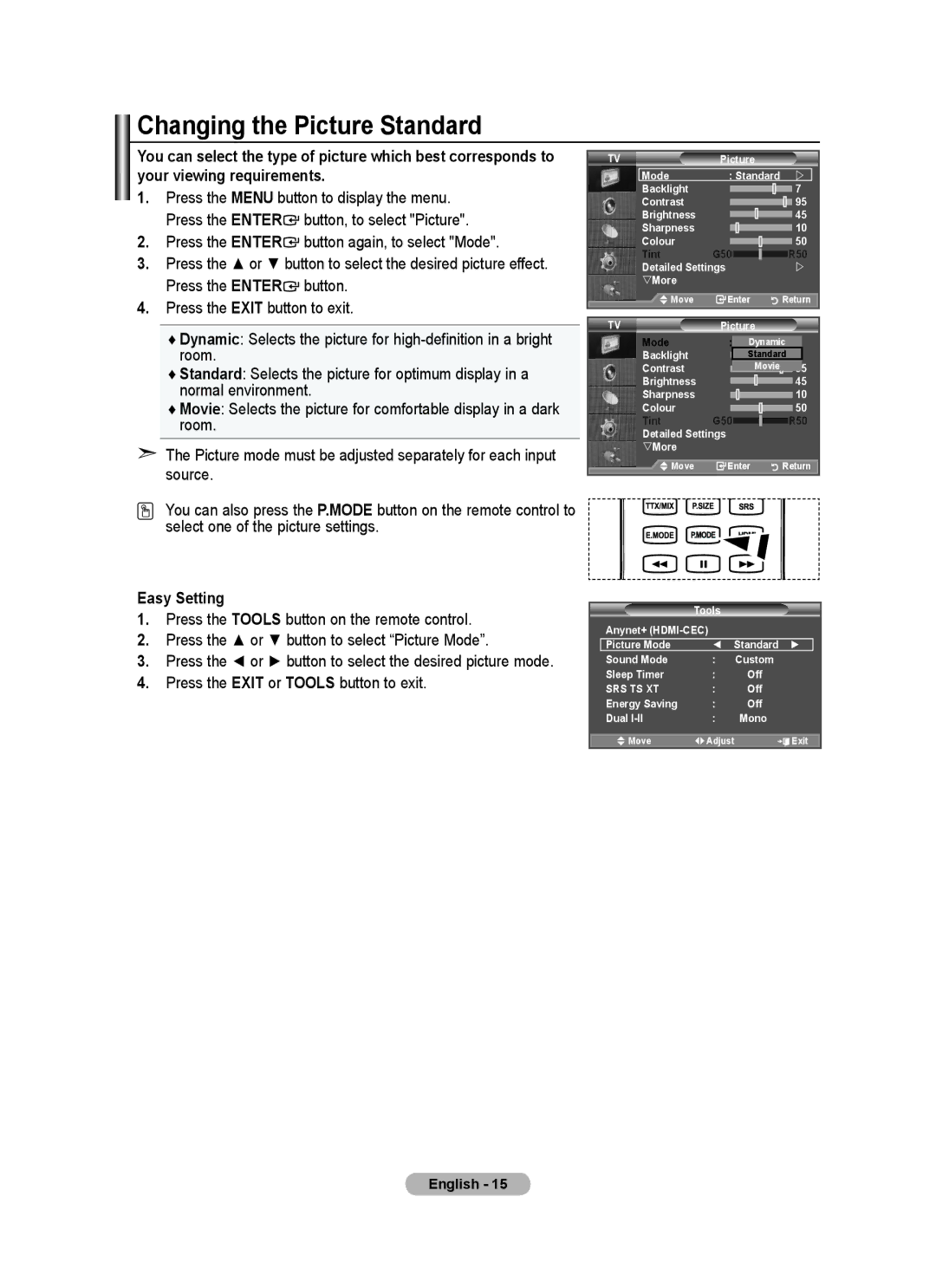 Samsung LA52A650A1R, LA46A650A1R Changing the Picture Standard, Press the Enter button again, to select Mode, Easy Setting 