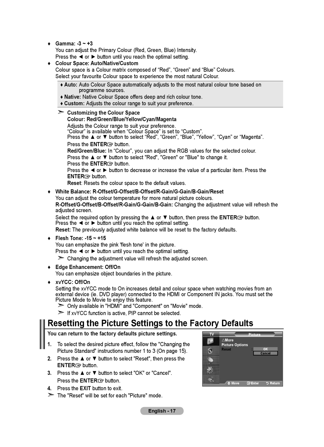 Samsung LA32A650A1R, LA46A650A1R, LA52A650A1R, LA40A650A1R user manual Resetting the Picture Settings to the Factory Defaults 