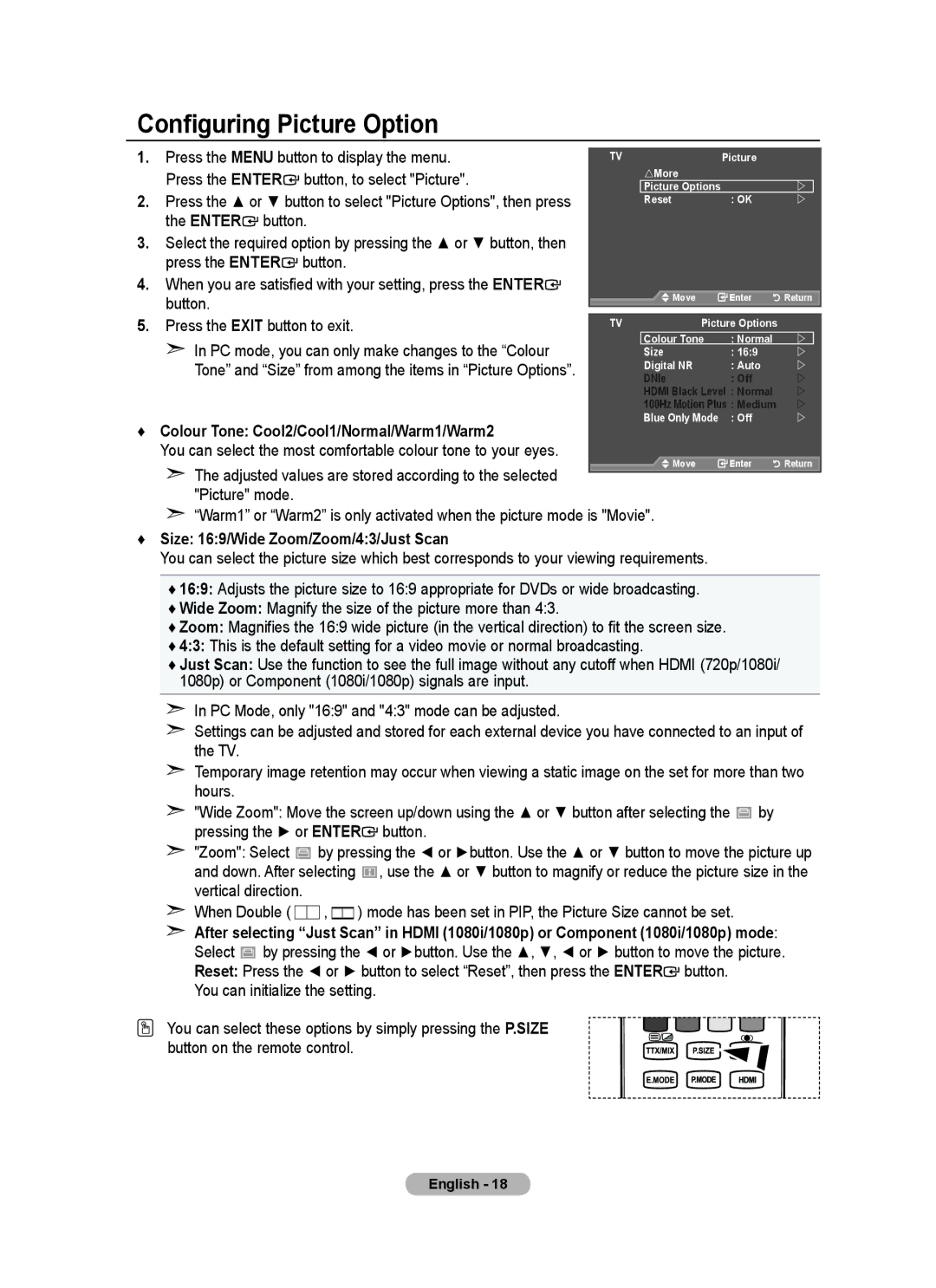 Samsung LA46A650A1R user manual Configuring Picture Option, Enter, Colour Tone Cool2/Cool1/Normal/Warm1/Warm2, Picture mode 