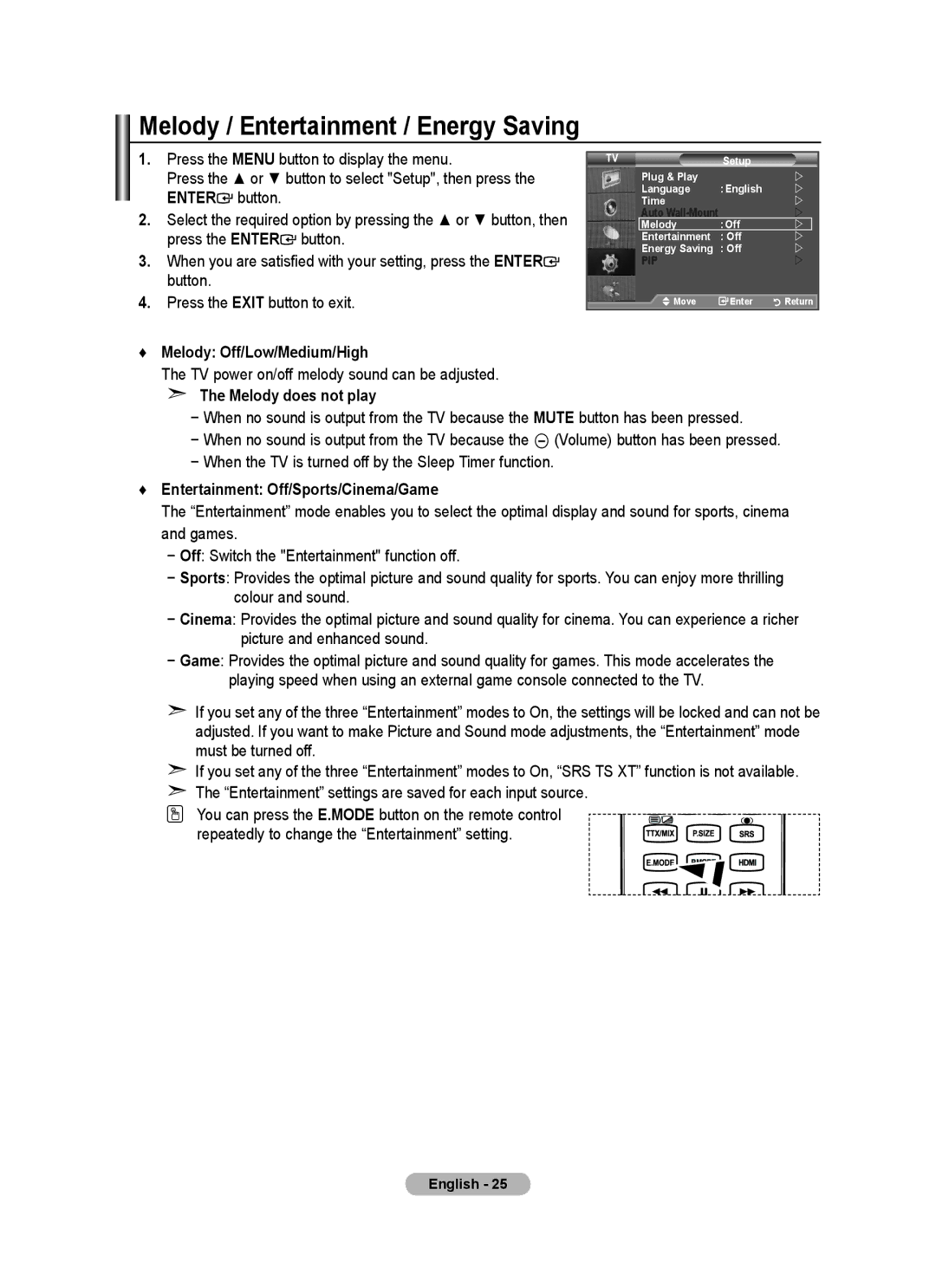 Samsung LA32A650A1R, LA46A650A1R Melody / Entertainment / Energy Saving, Melody Off/Low/Medium/High, Melody does not play 