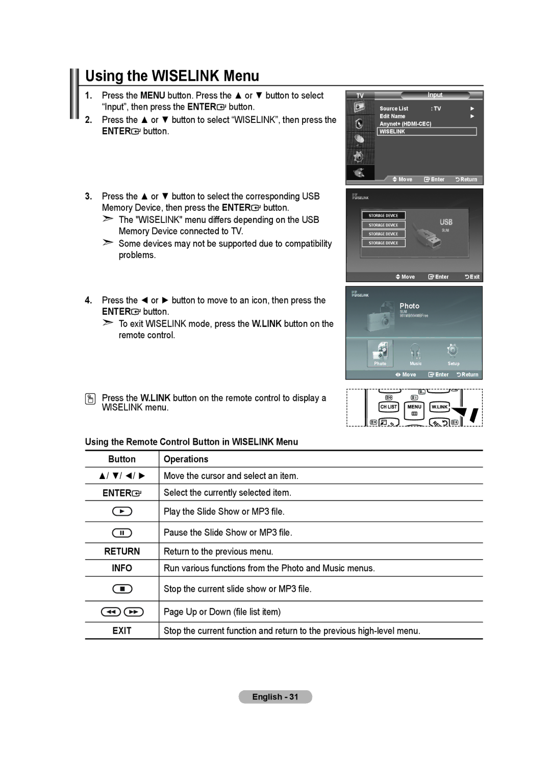 Samsung LA52A650A1R, LA46A650A1R, LA40A650A1R Using the Wiselink Menu, Input, then press the Enter button, Operations 