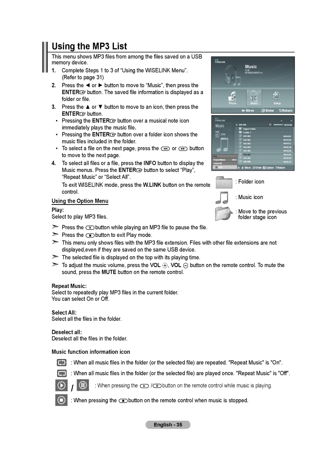 Samsung LA52A650A1R Using the MP3 List, Using the Option Menu Play, Repeat Music, Music function information icon 