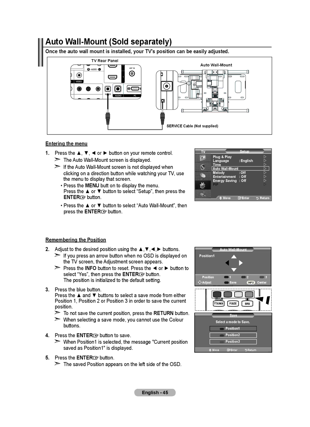 Samsung LA32A650A1R, LA46A650A1R, LA52A650A1R Auto Wall-Mount Sold separately, Entering the menu, Remembering the Position 