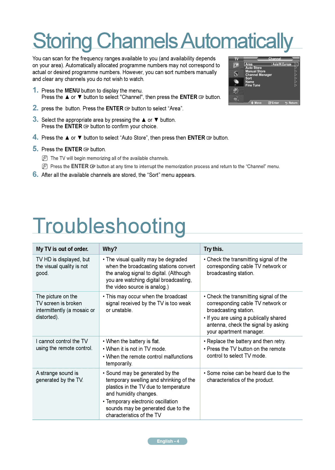 Samsung LA46A850S1R quick start Storing ChannelsAutomatically, Troubleshooting, My TV is out of order Why? Try this 