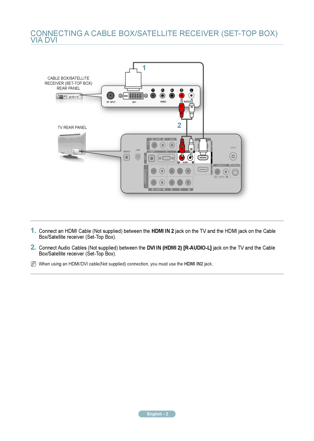 Samsung LA46A850S1R quick start Connecting a Cable Box/Satellite receiver Set-Top Box via DVI, English 