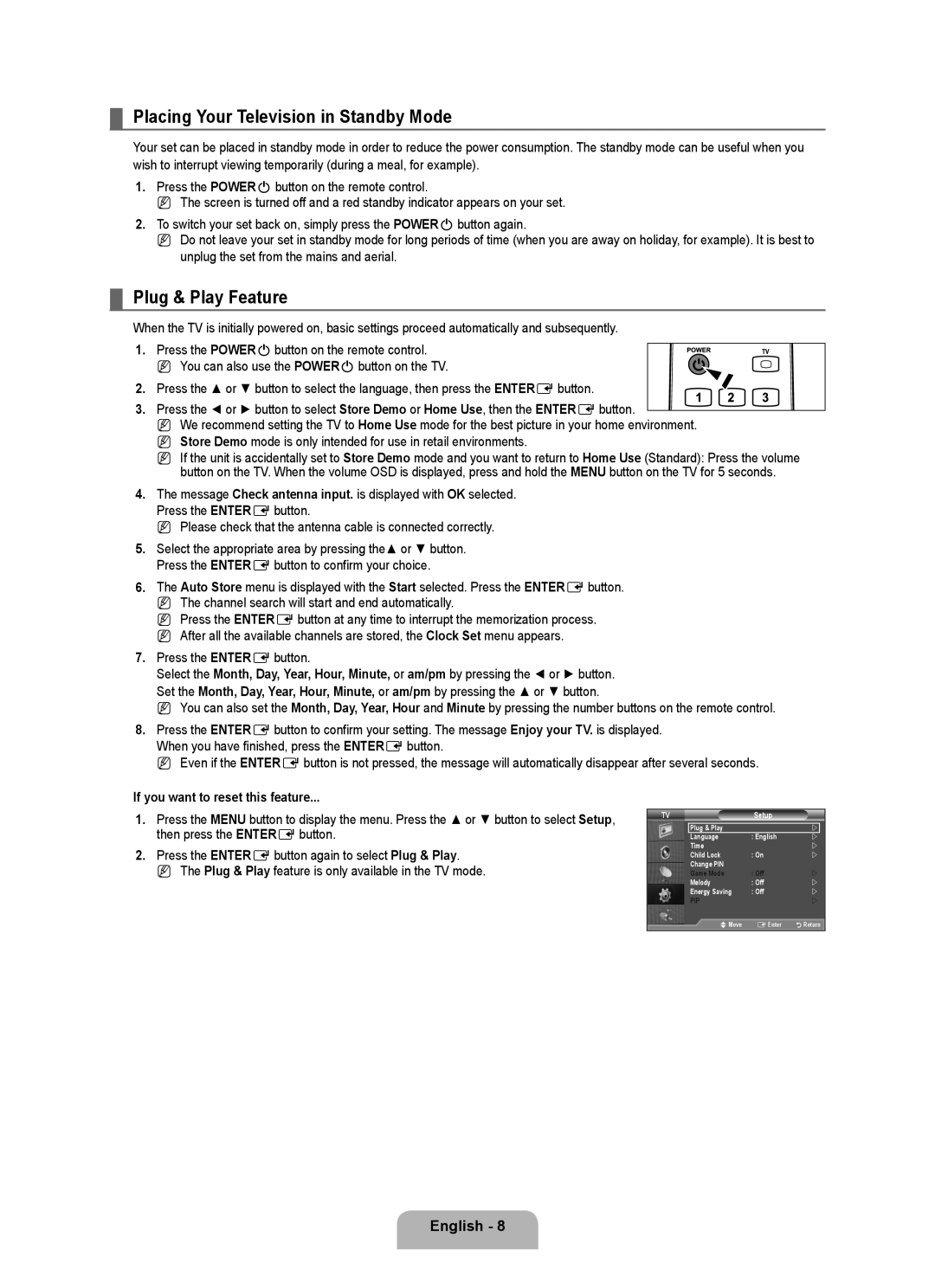 Samsung LA52B550K1R, LA46B550K1R Placing Your Television in Standby Mode, Plug & Play Feature, Press the ENTEREbutton 