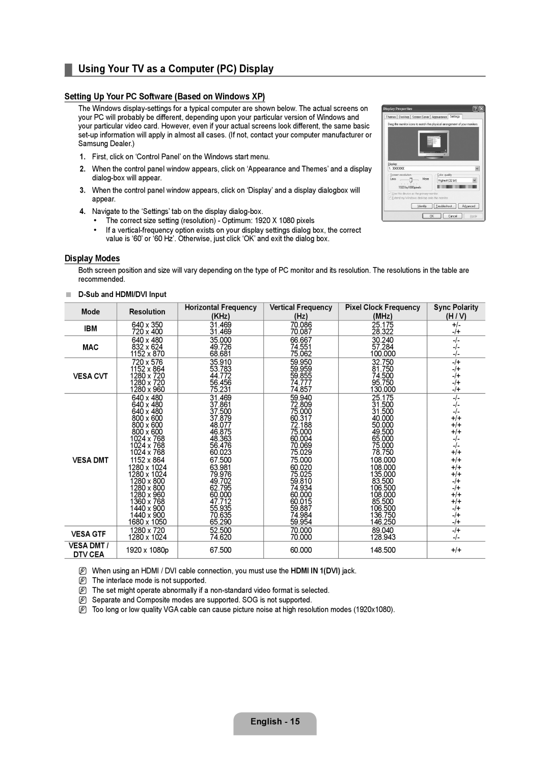 Samsung LA40B550K1R Using Your TV as a Computer PC Display, Setting Up Your PC Software Based on Windows XP, Display Modes 