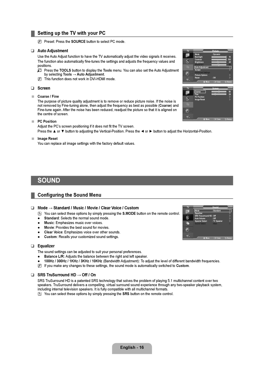 Samsung LA52B550K1R, LA46B550K1R, LA40B550K1R, LA32B550K1R Setting up the TV with your PC, Configuring the Sound Menu 