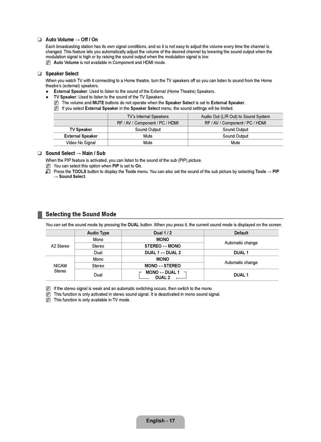 Samsung LA32B550K1R user manual Selecting the Sound Mode, Auto Volume → Off / On, Speaker Select, Sound Select → Main / Sub 