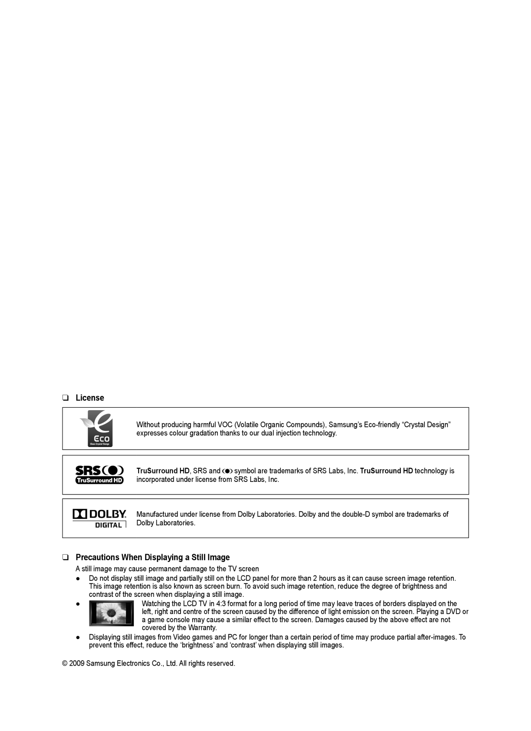 Samsung LA52B550K1R, LA46B550K1R, LA40B550K1R, LA32B550K1R user manual License, Precautions When Displaying a Still Image 