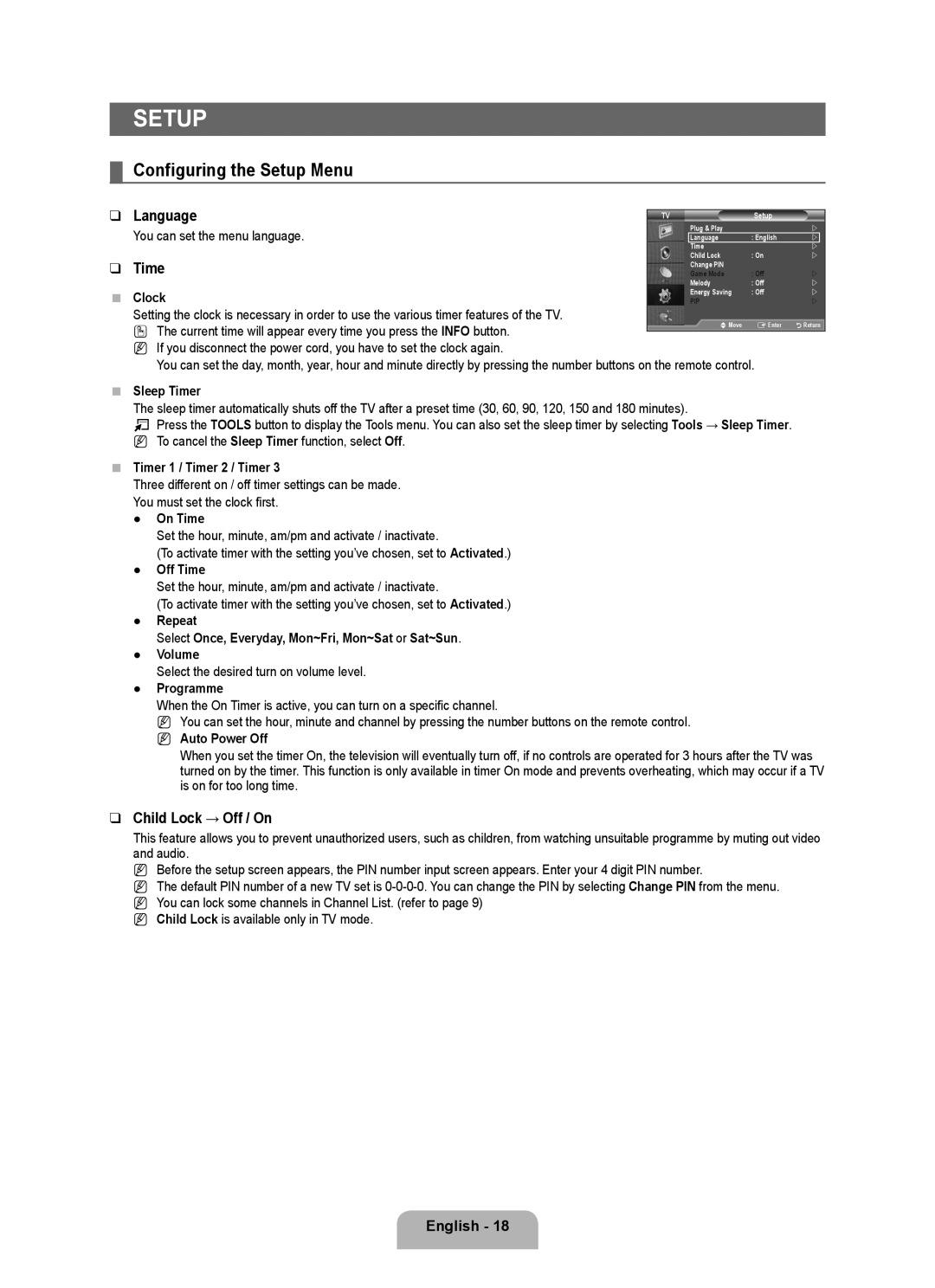 Samsung LA46B550K1R, LA40B550K1R, LA52B550K1R, LA32B550K1R user manual Setup, Child Lock → Off / On 