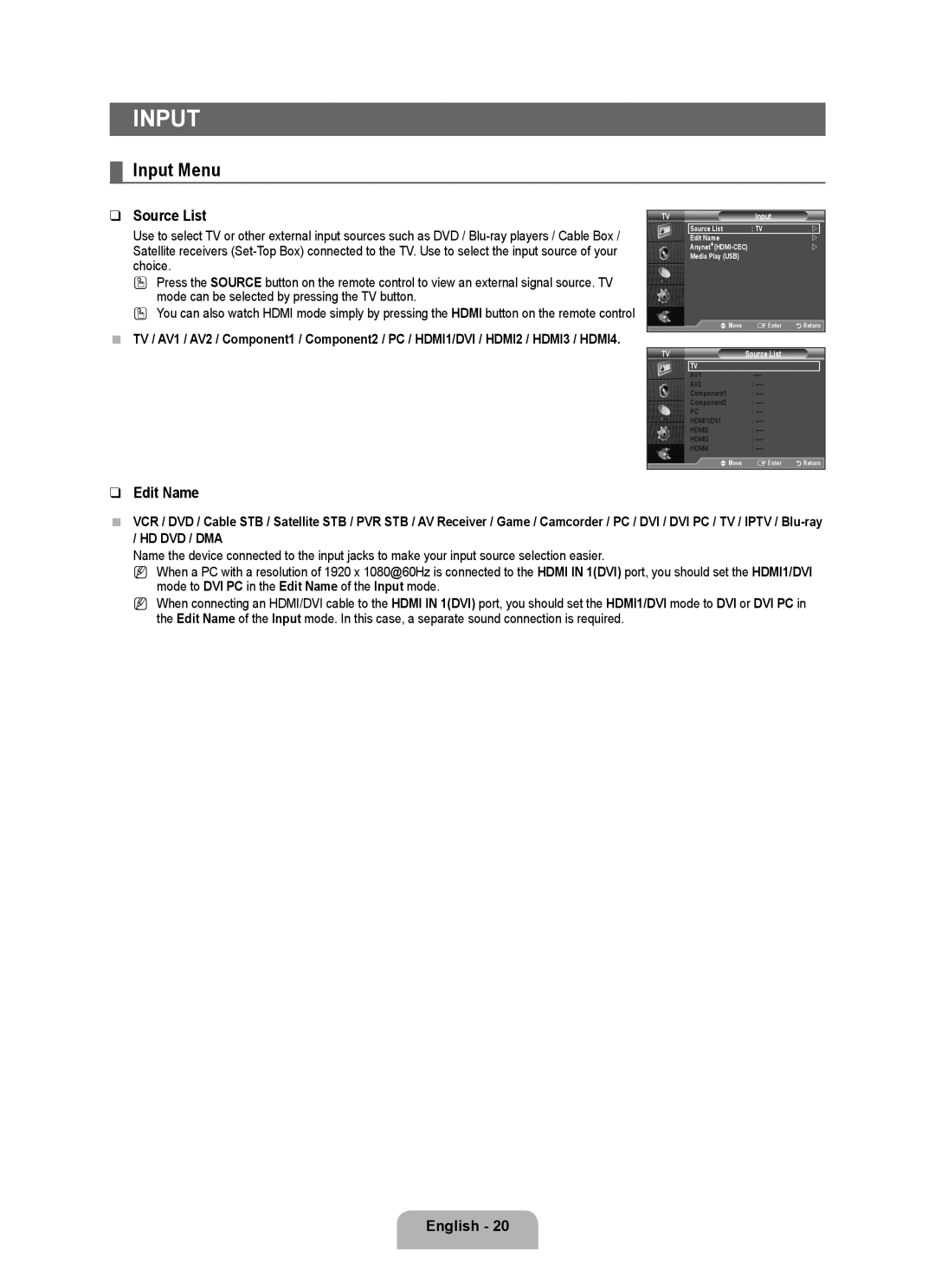 Samsung LA52B550K1R, LA46B550K1R, LA40B550K1R, LA32B550K1R user manual Input Menu, Source List, Edit Name 