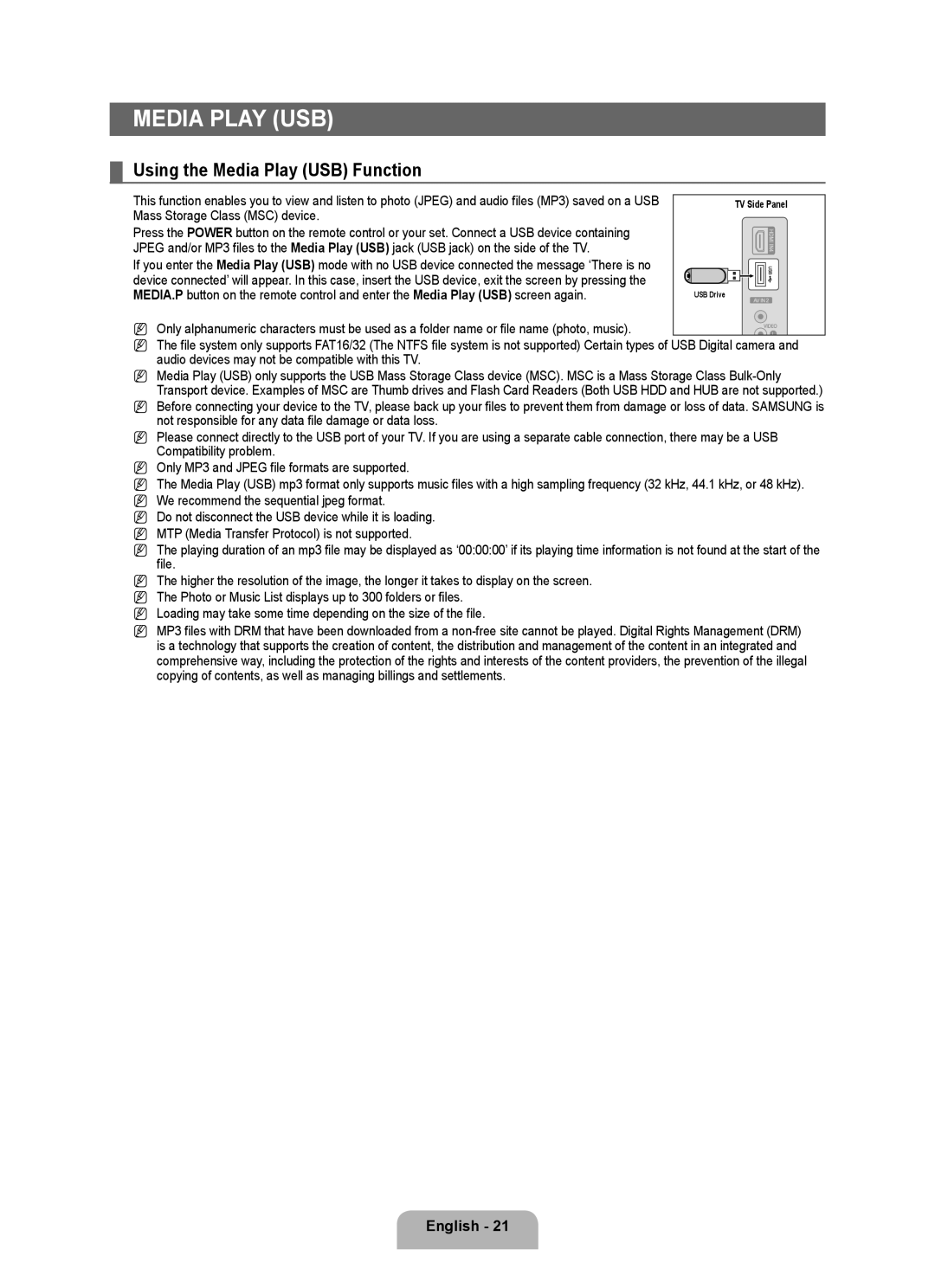 Samsung LA32B550K1R, LA46B550K1R, LA40B550K1R, LA52B550K1R user manual Using the Media Play USB Function 