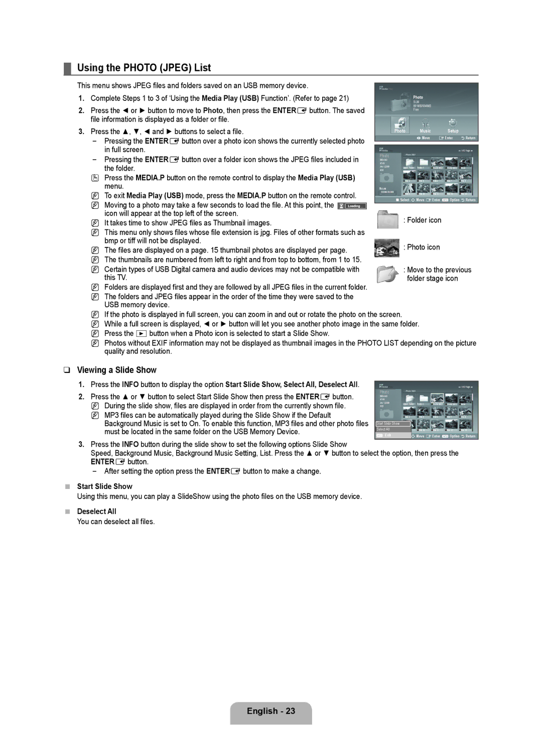 Samsung LA40B550K1R, LA46B550K1R user manual Using the Photo Jpeg List, Viewing a Slide Show, Start Slide Show, Deselect All 