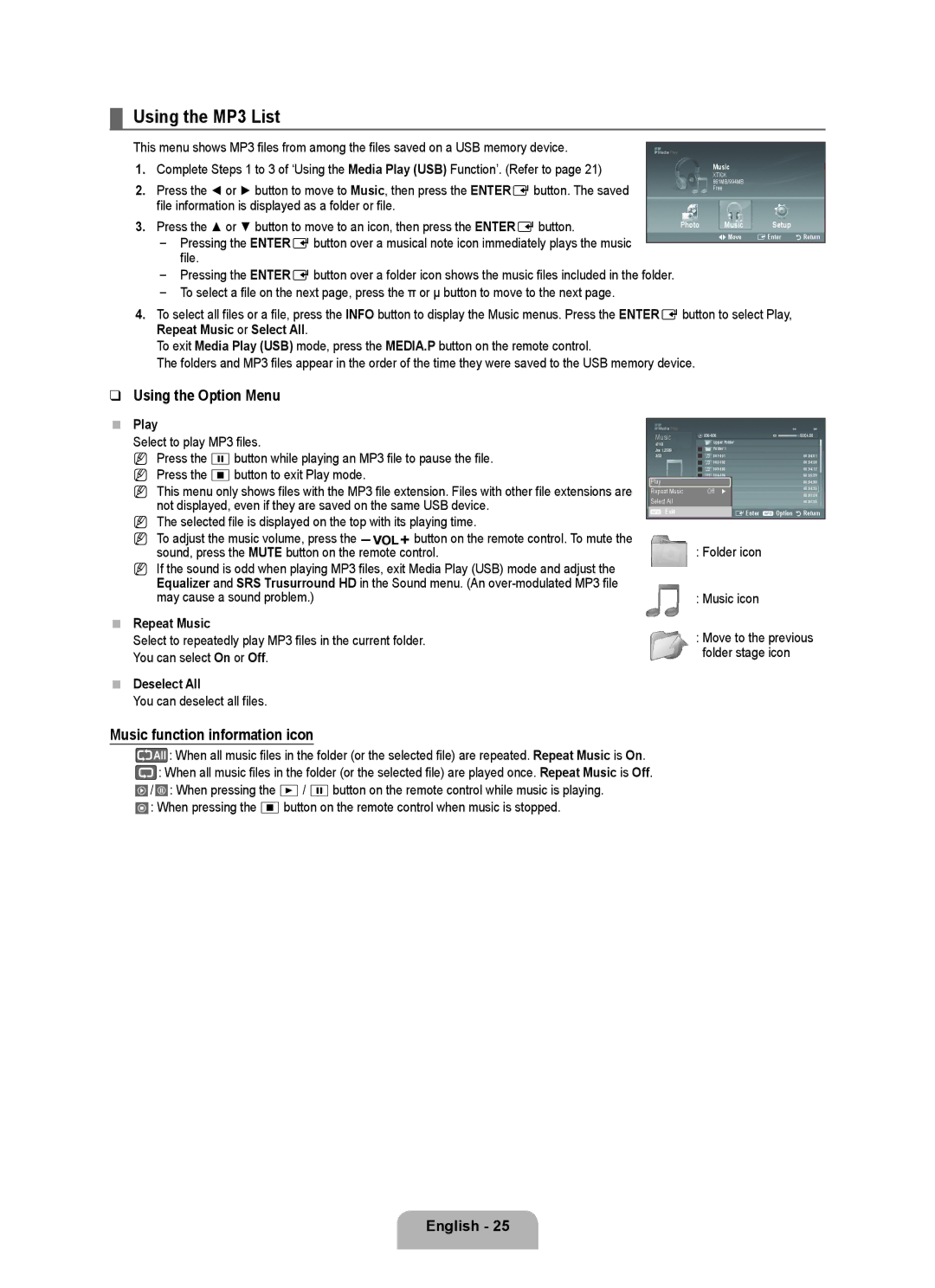 Samsung LA32B550K1R, LA46B550K1R, LA40B550K1R Using the MP3 List, Music function information icon, File, Play, Repeat Music 