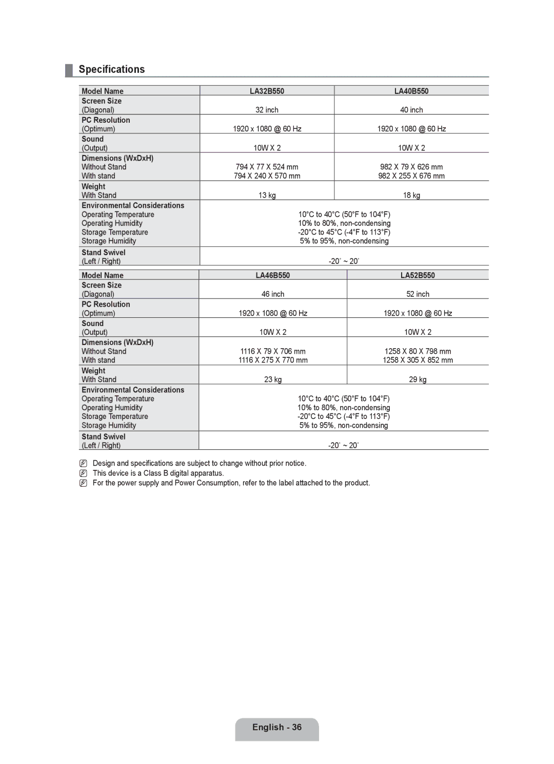 Samsung LA52B550K1R, LA46B550K1R, LA40B550K1R, LA32B550K1R user manual Specifications 