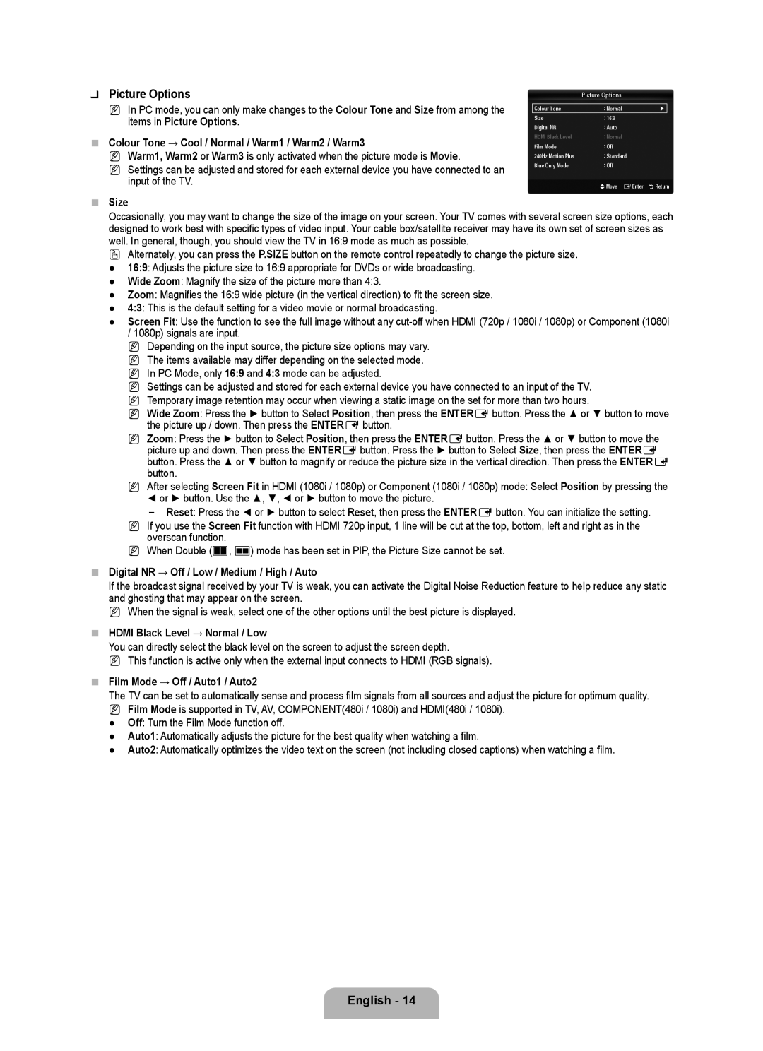 Samsung LA46B750U1R, LA52B750U1R, LA40B750U1R user manual Picture Options 