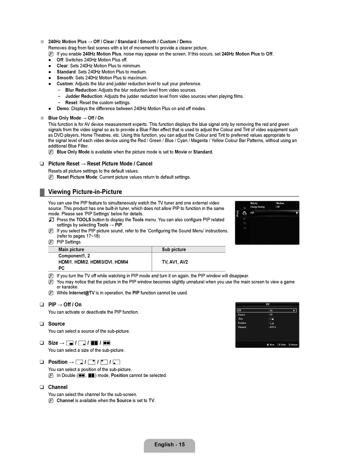 Samsung LA40B750U1R, LA52B750U1R, LA46B750U1R user manual Viewing Picture-in-Picture 