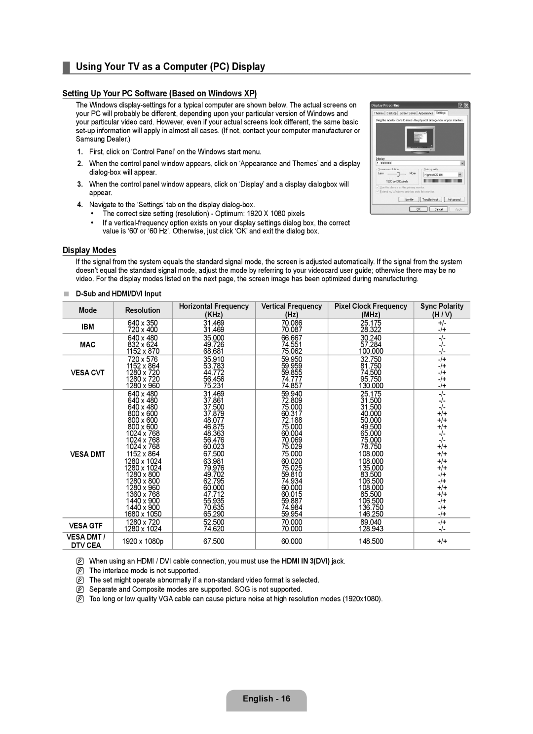 Samsung LA52B750U1R Using Your TV as a Computer PC Display, Setting Up Your PC Software Based on Windows XP, Display Modes 