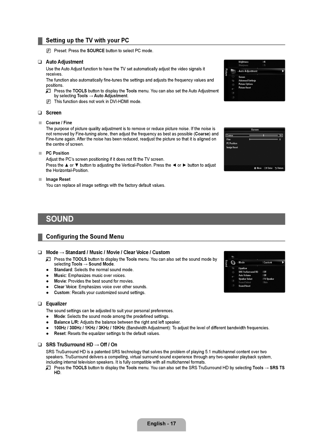 Samsung LA46B750U1R, LA52B750U1R, LA40B750U1R user manual Setting up the TV with your PC, Configuring the Sound Menu 