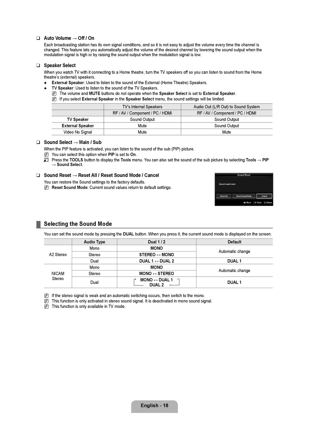 Samsung LA40B750U1R user manual Selecting the Sound Mode, Auto Volume → Off / On, Speaker Select, Sound Select → Main / Sub 