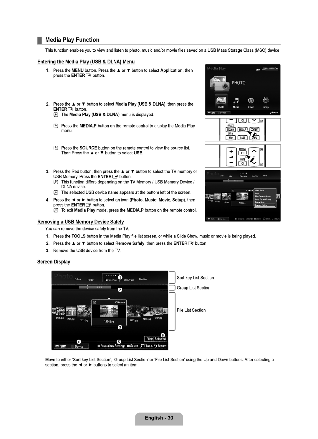 Samsung LA40B750U1R Media Play Function, Entering the Media Play USB & Dlna Menu, Removing a USB Memory Device Safely 