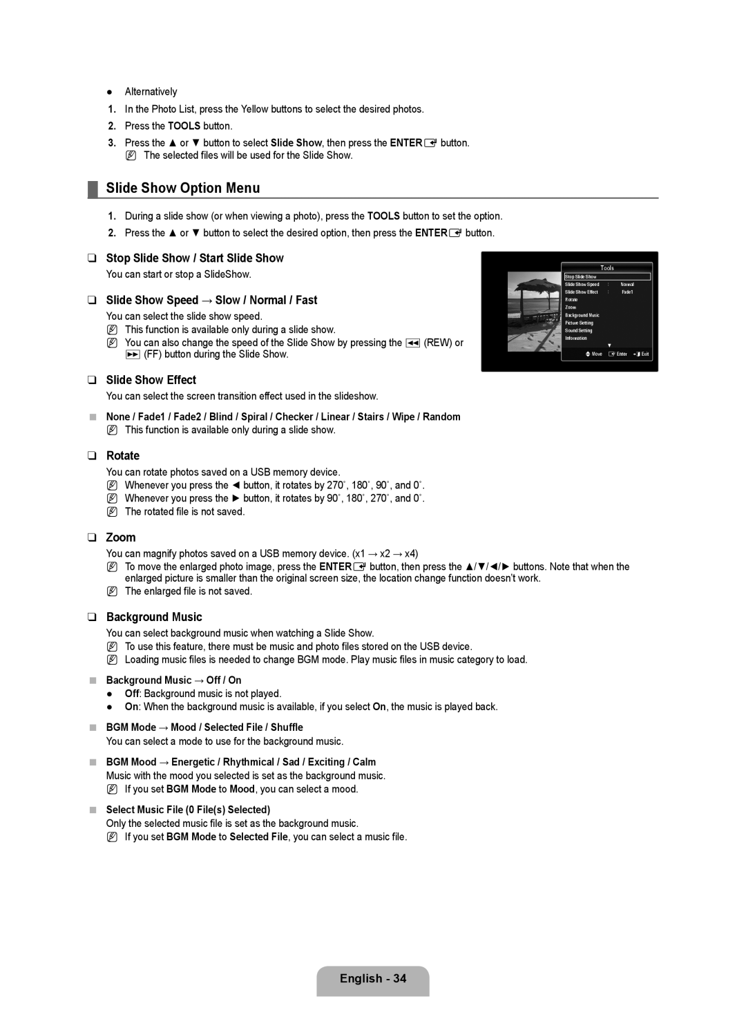 Samsung LA52B750U1R, LA46B750U1R, LA40B750U1R user manual Slide Show Option Menu 