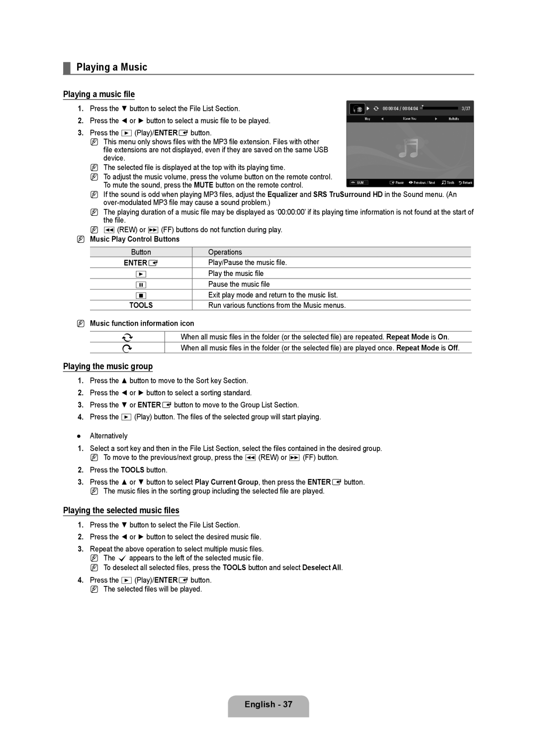 Samsung LA52B750U1R Playing a Music, Playing a music file, Playing the music group, Playing the selected music files 