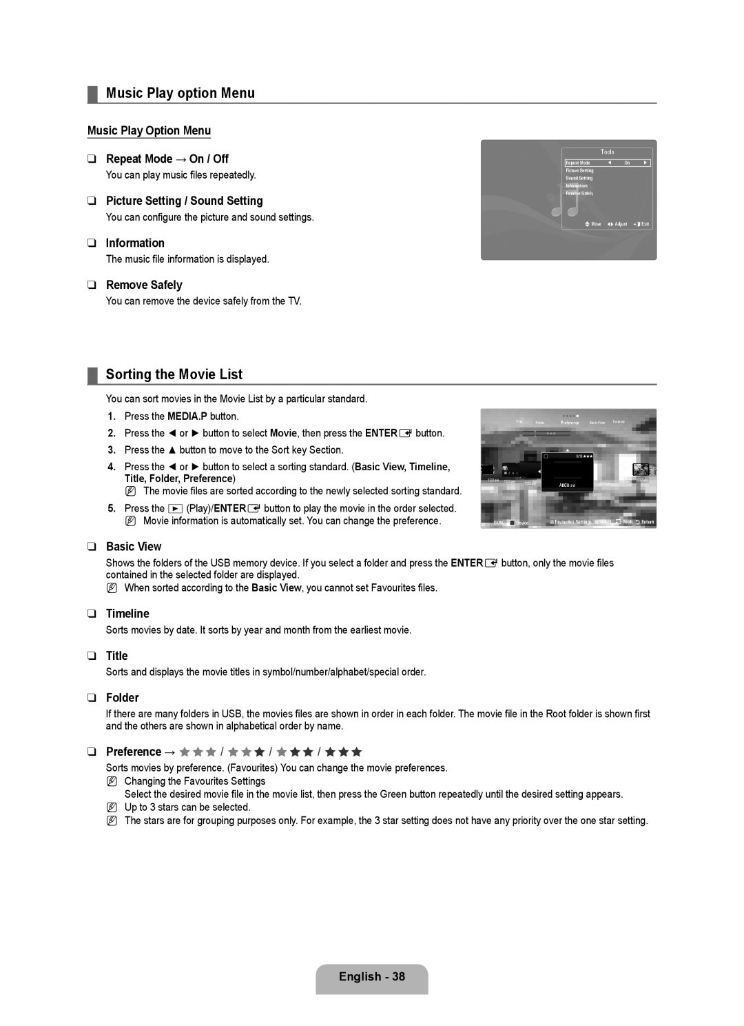 Samsung LA46B750U1R Music Play option Menu, Sorting the Movie List, Music Play Option Menu Repeat Mode → On / Off 