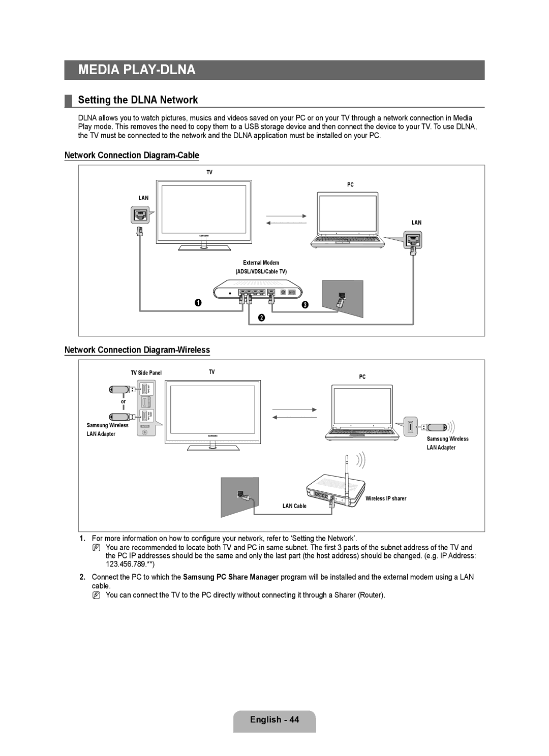 Samsung LA46B750U1R, LA52B750U1R, LA40B750U1R Media PLAY-DLNA, Setting the Dlna Network, Network Connection Diagram-Cable 