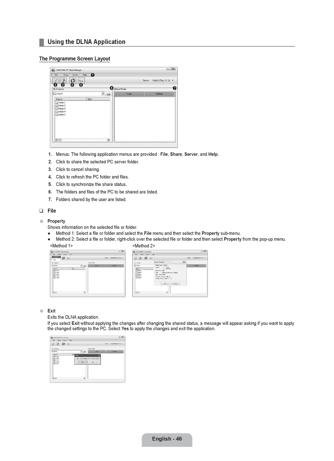 Samsung LA52B750U1R, LA46B750U1R, LA40B750U1R Using the Dlna Application, Programme Screen Layout, File, Property, Exit 