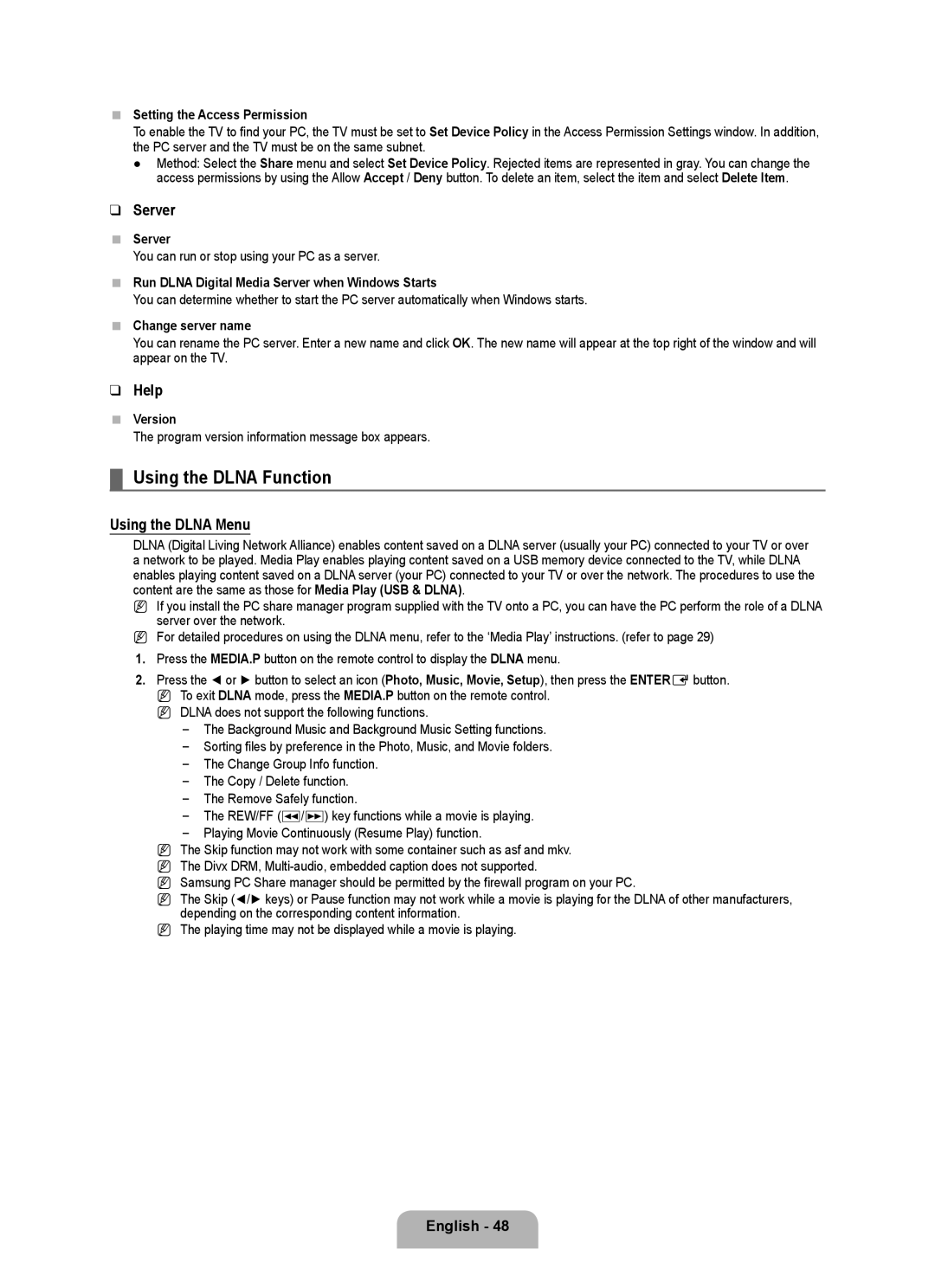 Samsung LA40B750U1R, LA52B750U1R, LA46B750U1R user manual Using the Dlna Function, Server, Help, Using the Dlna Menu 