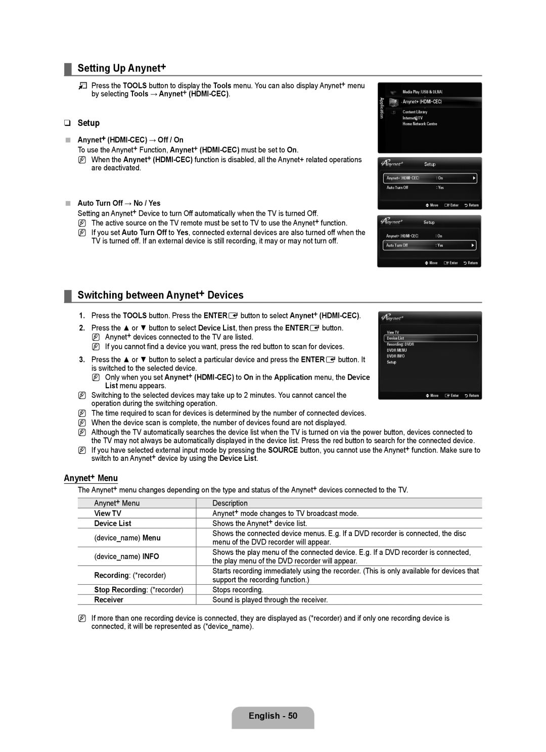 Samsung LA46B750U1R, LA52B750U1R, LA40B750U1R Setting Up Anynet+, Switching between Anynet+ Devices, Setup, Anynet+ Menu 