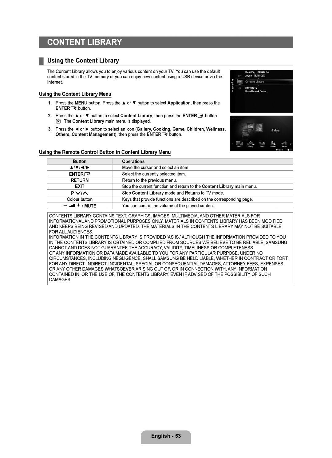 Samsung LA46B750U1R Using the Content Library Menu, Using the Remote Control Button in Content Library Menu, Mute 