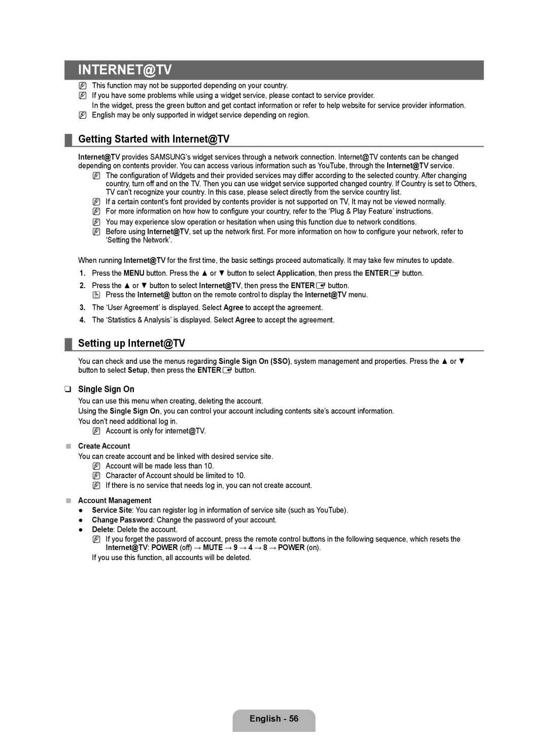 Samsung LA46B750U1R, LA52B750U1R Internet@Tv, Getting Started with Internet@TV, Setting up Internet@TV, Single Sign On 