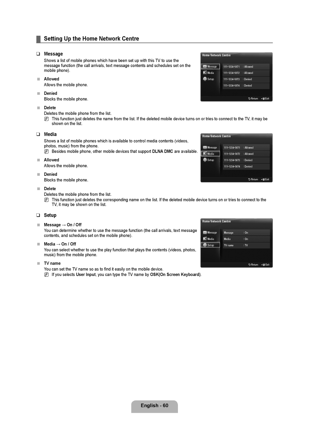 Samsung LA40B750U1R, LA52B750U1R, LA46B750U1R user manual Setting Up the Home Network Centre, Message, Media 