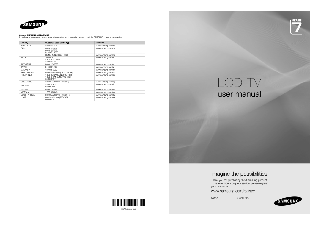 Samsung LA46B750U1R user manual Lcd Tv, imagine the possibilities, Model, Country, Customer Care Centre, Web Site 
