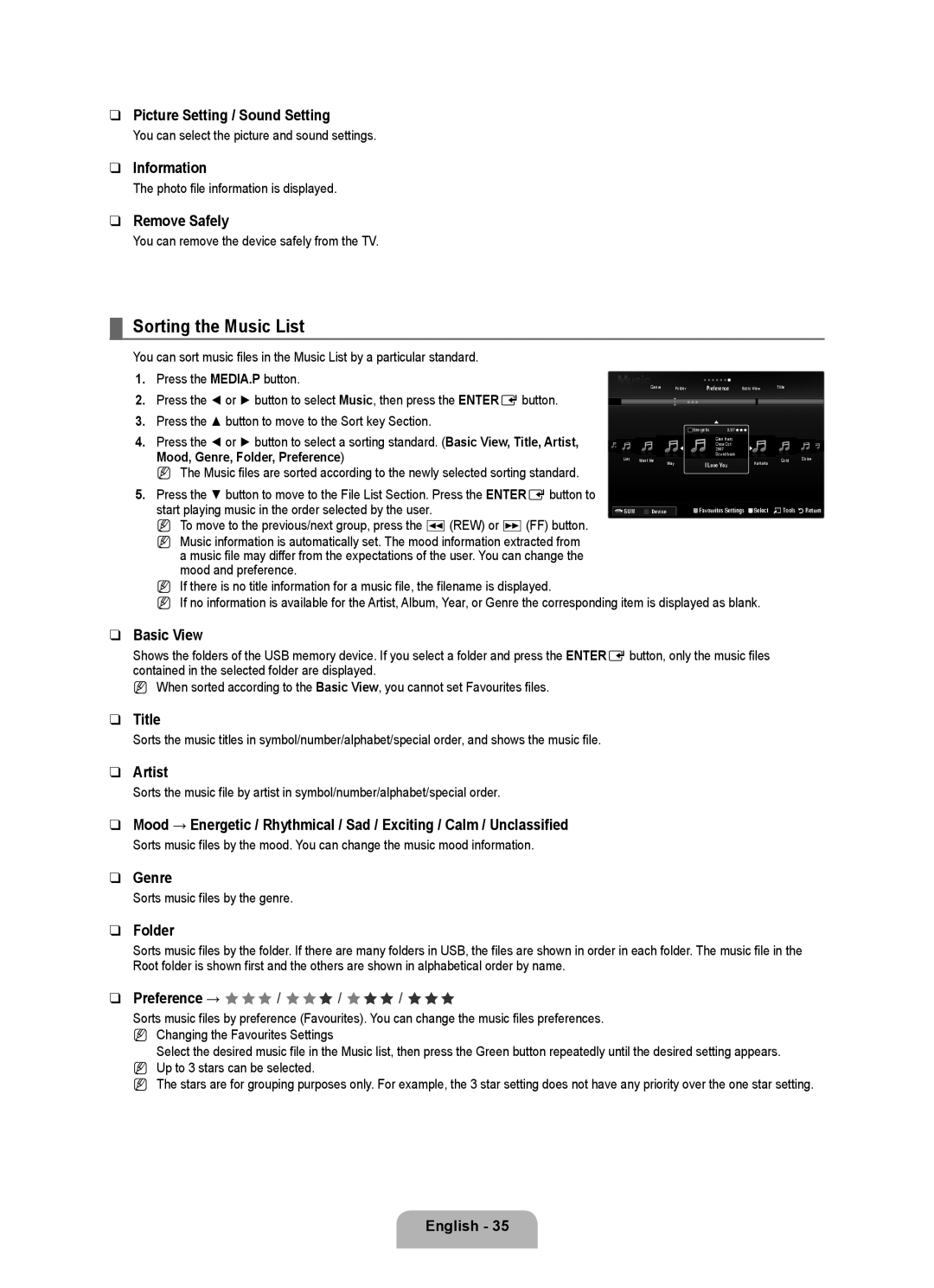 Samsung LA46B750U1R Sorting the Music List, Picture Setting / Sound Setting, Title, Artist, Genre, Information, Basic View 