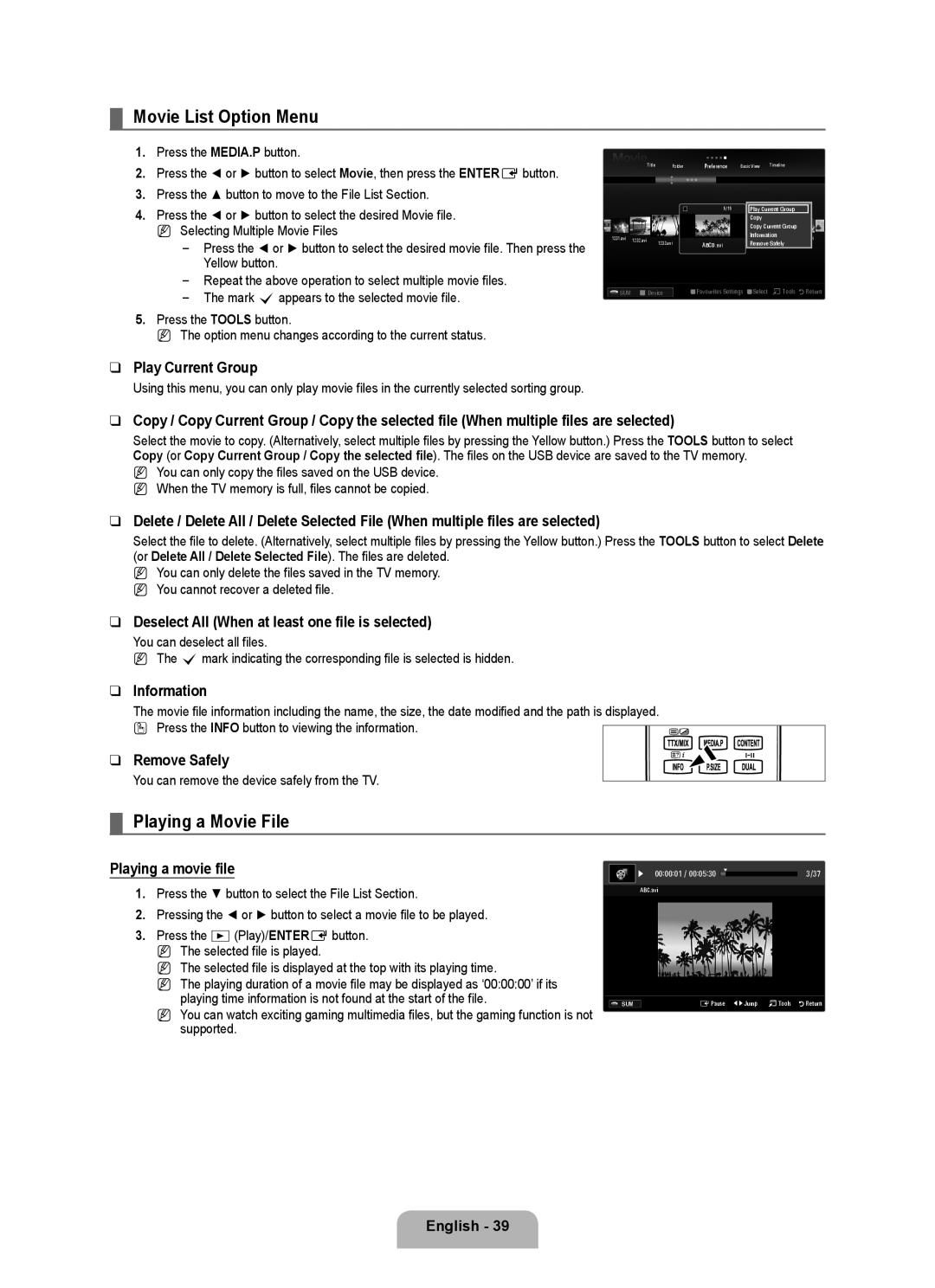 Samsung LA40B750U1R Movie List Option Menu, Playing a Movie File, Playing a movie file, Play Current Group, Information 